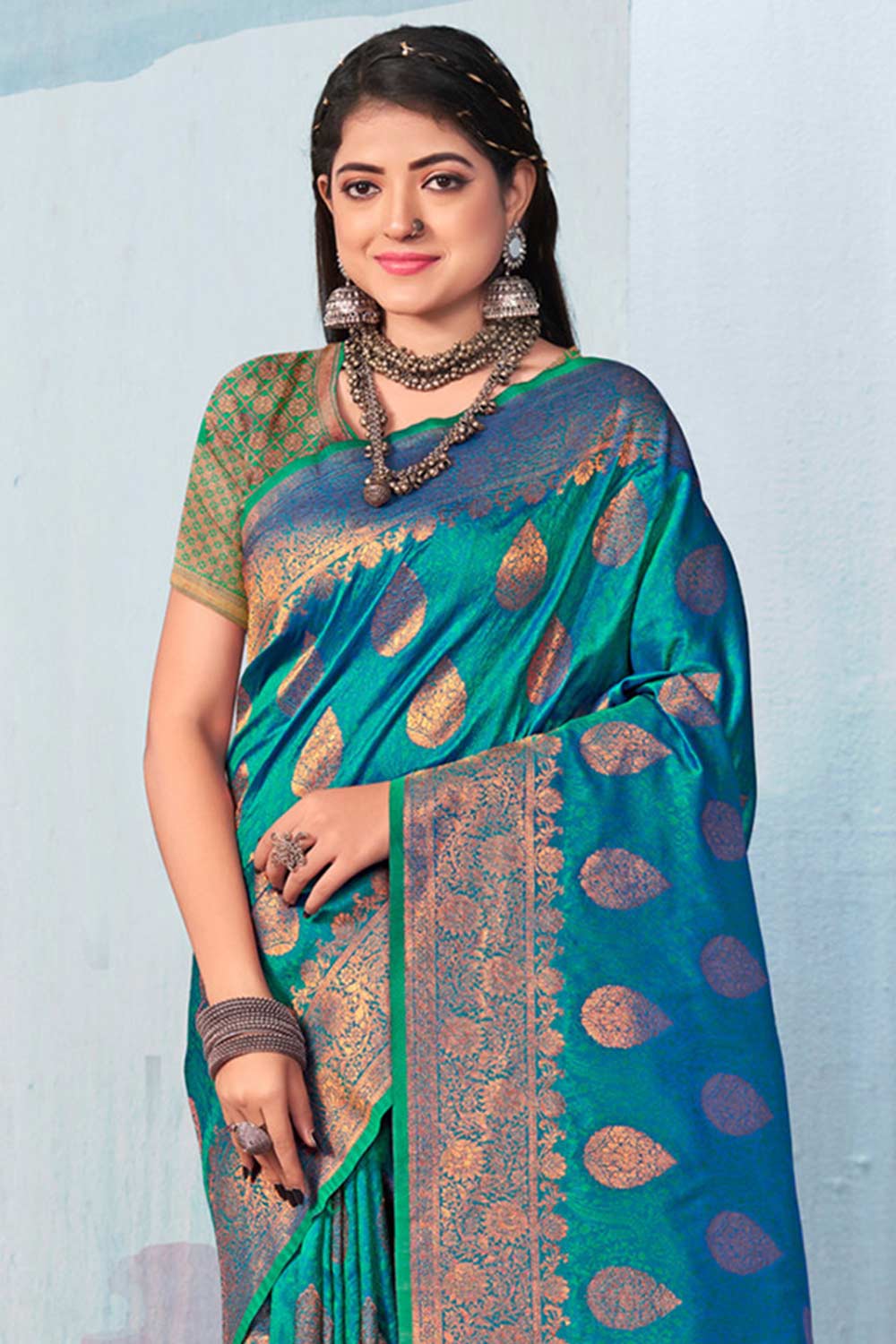 Teal Banarasi Silk Woven Saree