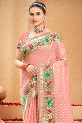 Pink Cotton Woven Saree