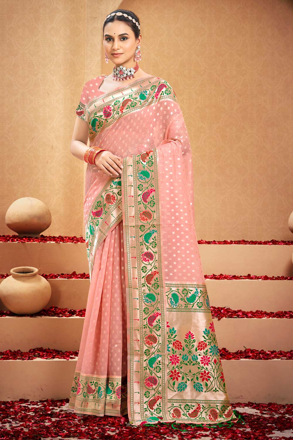 Pink Cotton Woven Saree