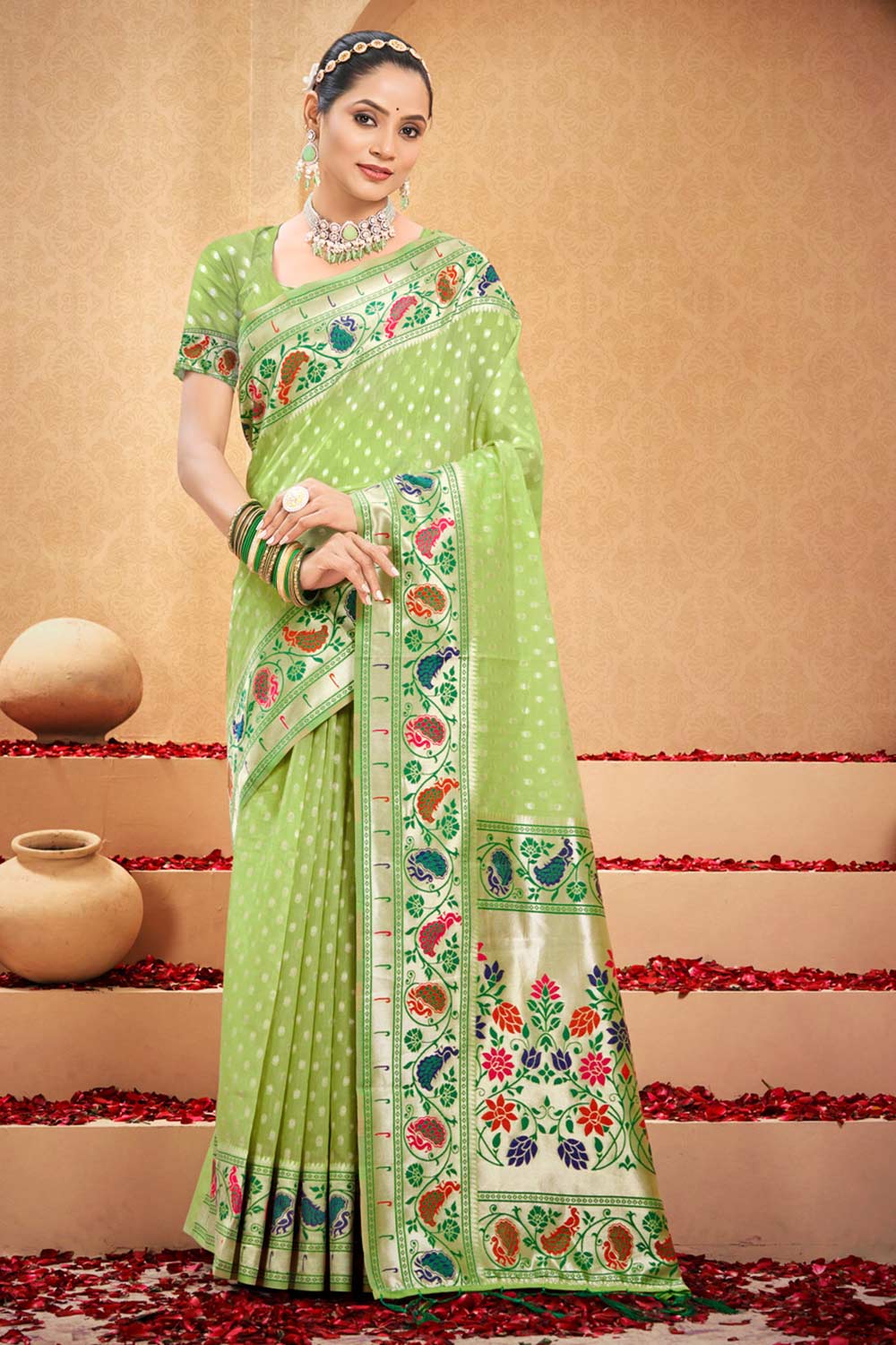 Green Cotton Woven Saree