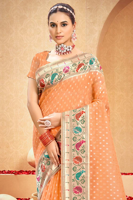 Orange Cotton Woven Saree