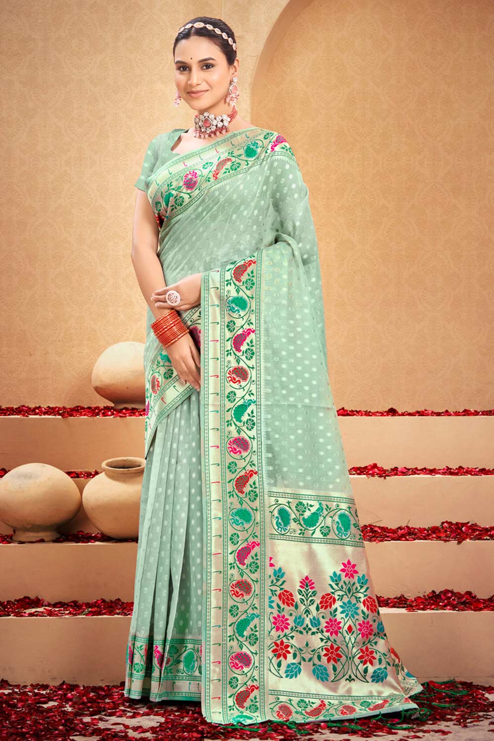 Green Cotton Woven Saree