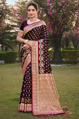 Wine Stain Silk Woven Saree