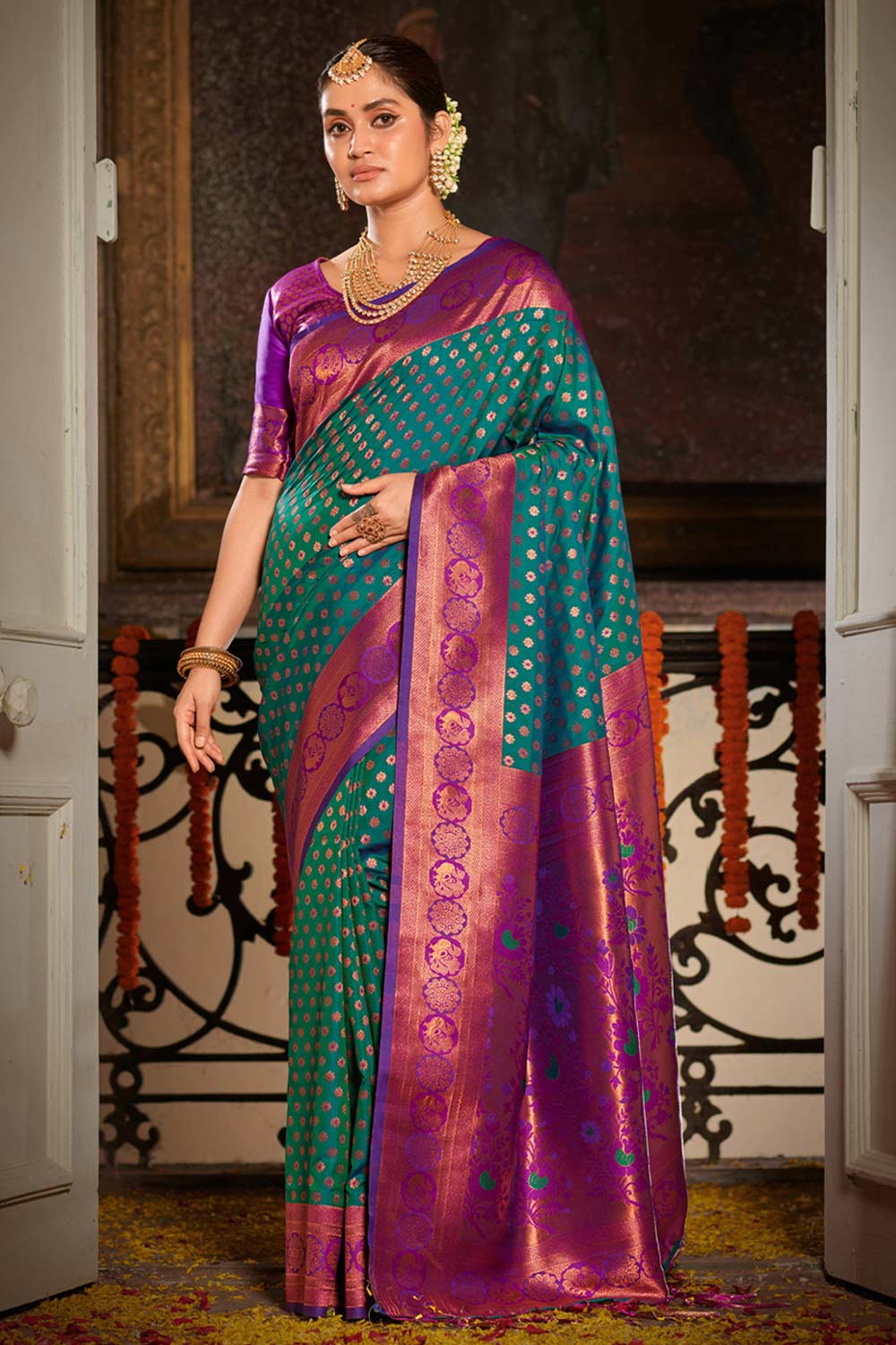 Teal Banarasi Silk Woven Saree