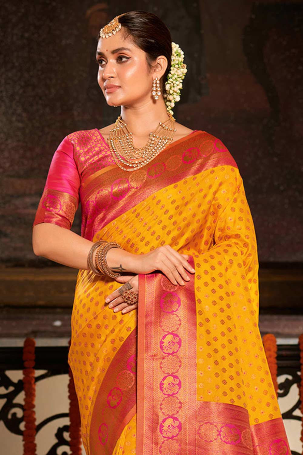 Yellow Banarasi Silk Woven Saree