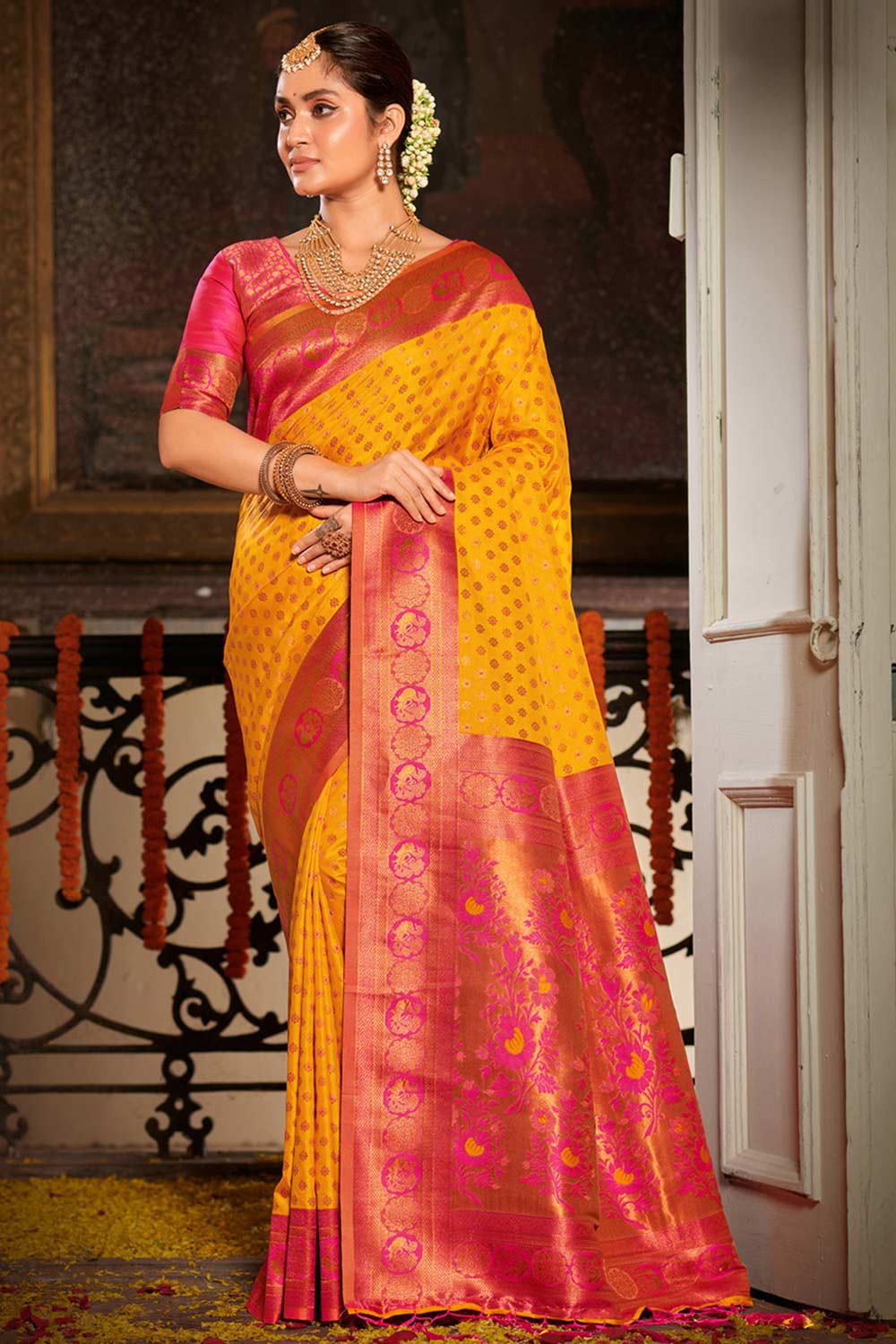 Yellow Banarasi Silk Woven Saree