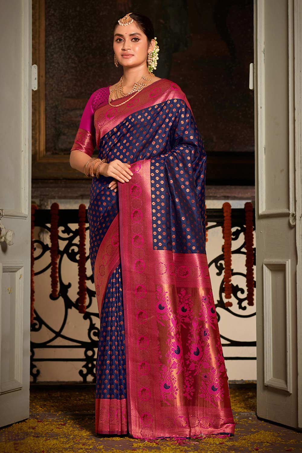 Navy Blue Banarasi Silk Woven Saree