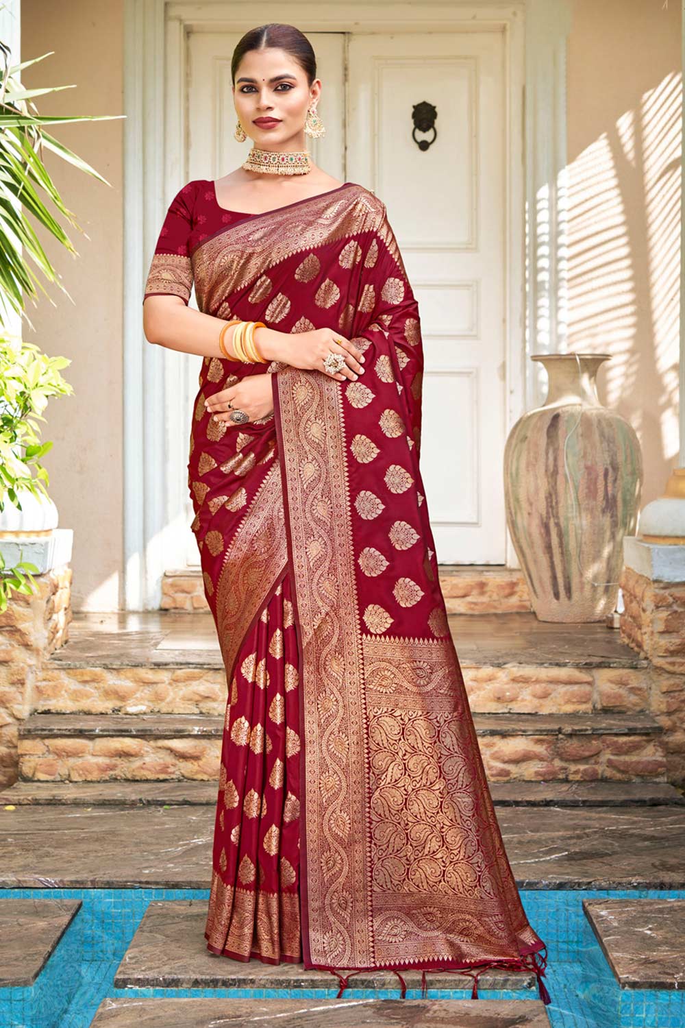 Maroon Silk Woven Saree