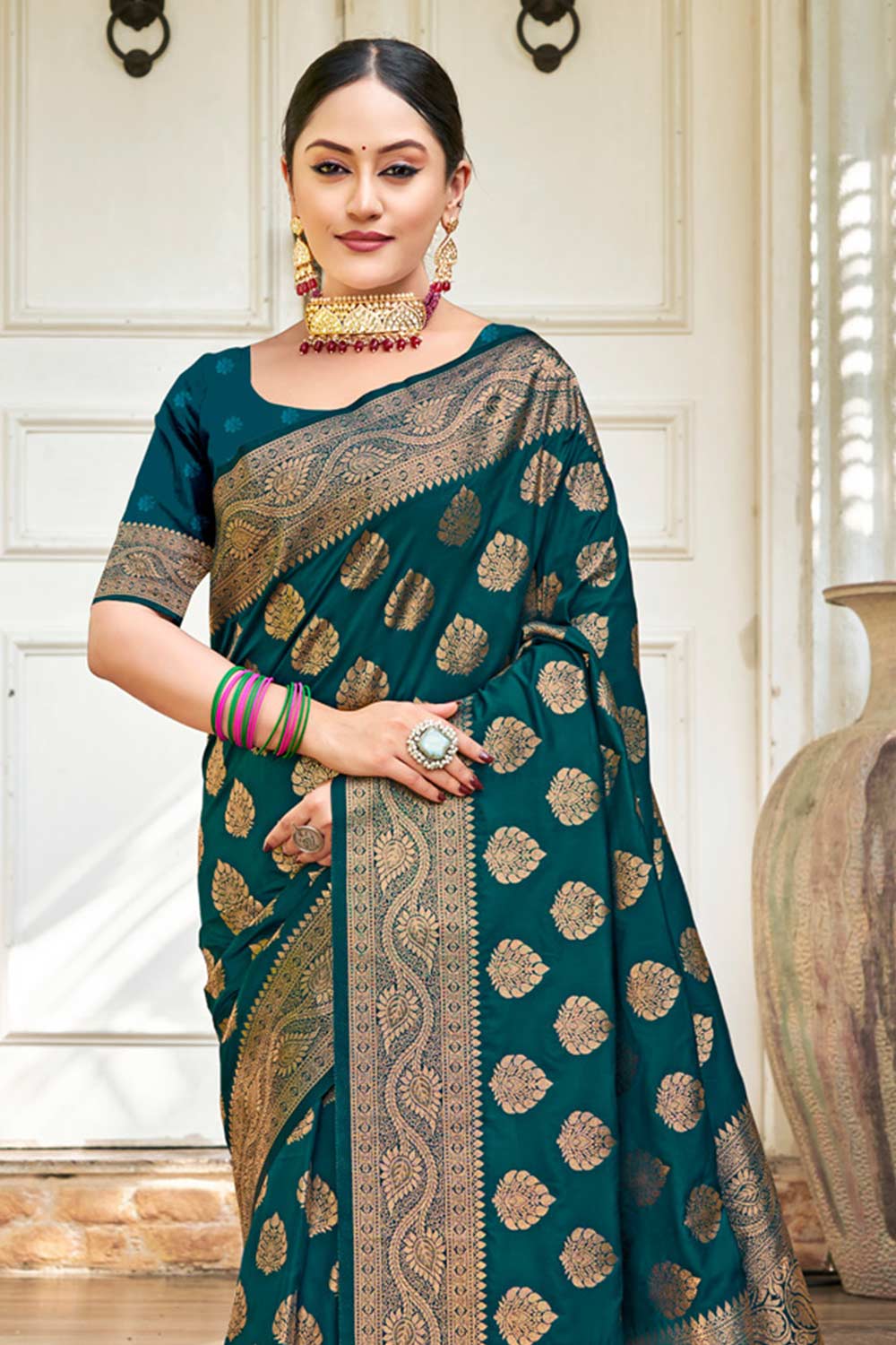 Teal Silk Woven Saree