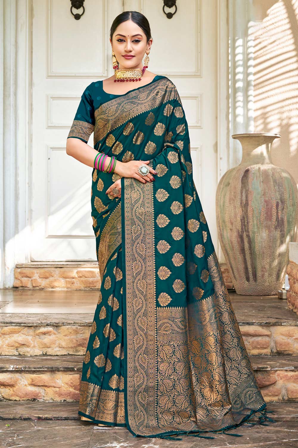 Teal Silk Woven Saree