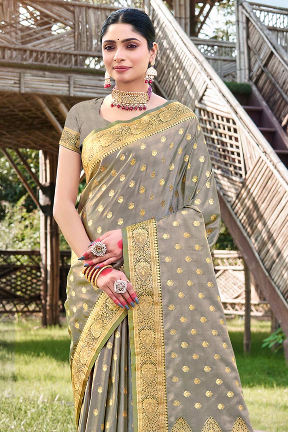 Grey Stain Silk Woven Saree