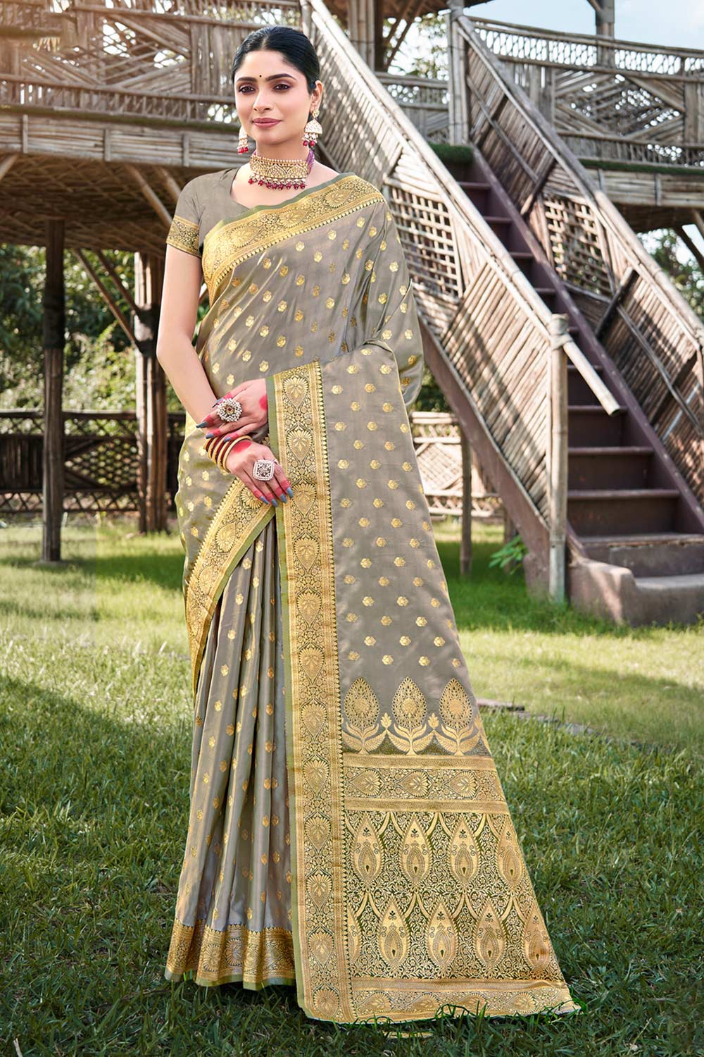 Grey Stain Silk Woven Saree