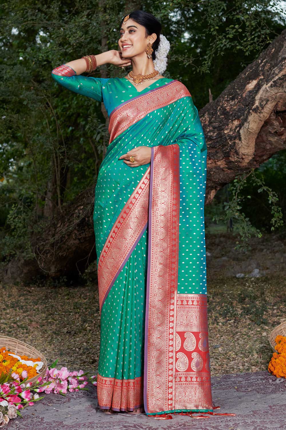 Teal Banarasi Silk Woven Saree