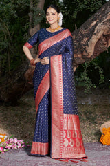 Navy Blue Banarasi Silk Woven Saree