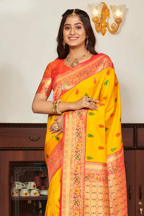 Yellow Banarasi Silk Woven Saree