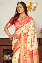 Cream Banarasi Silk Woven Saree