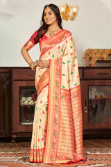 Cream Banarasi Silk Woven Saree