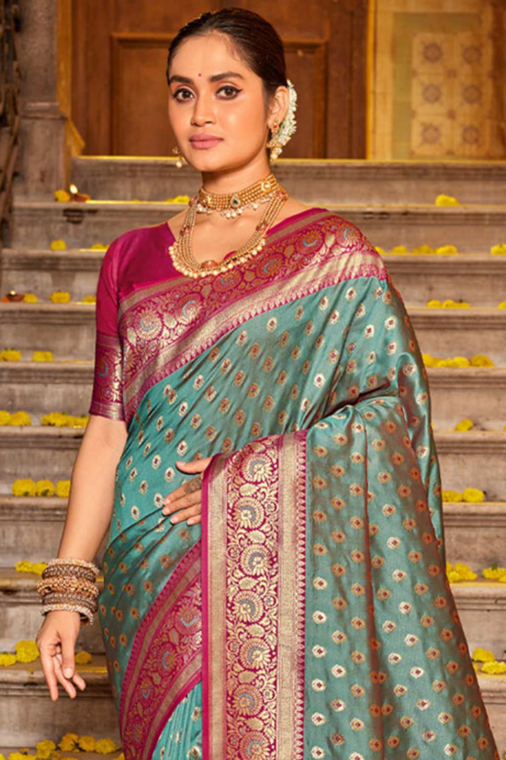 Teal Banarasi Silk Woven Saree