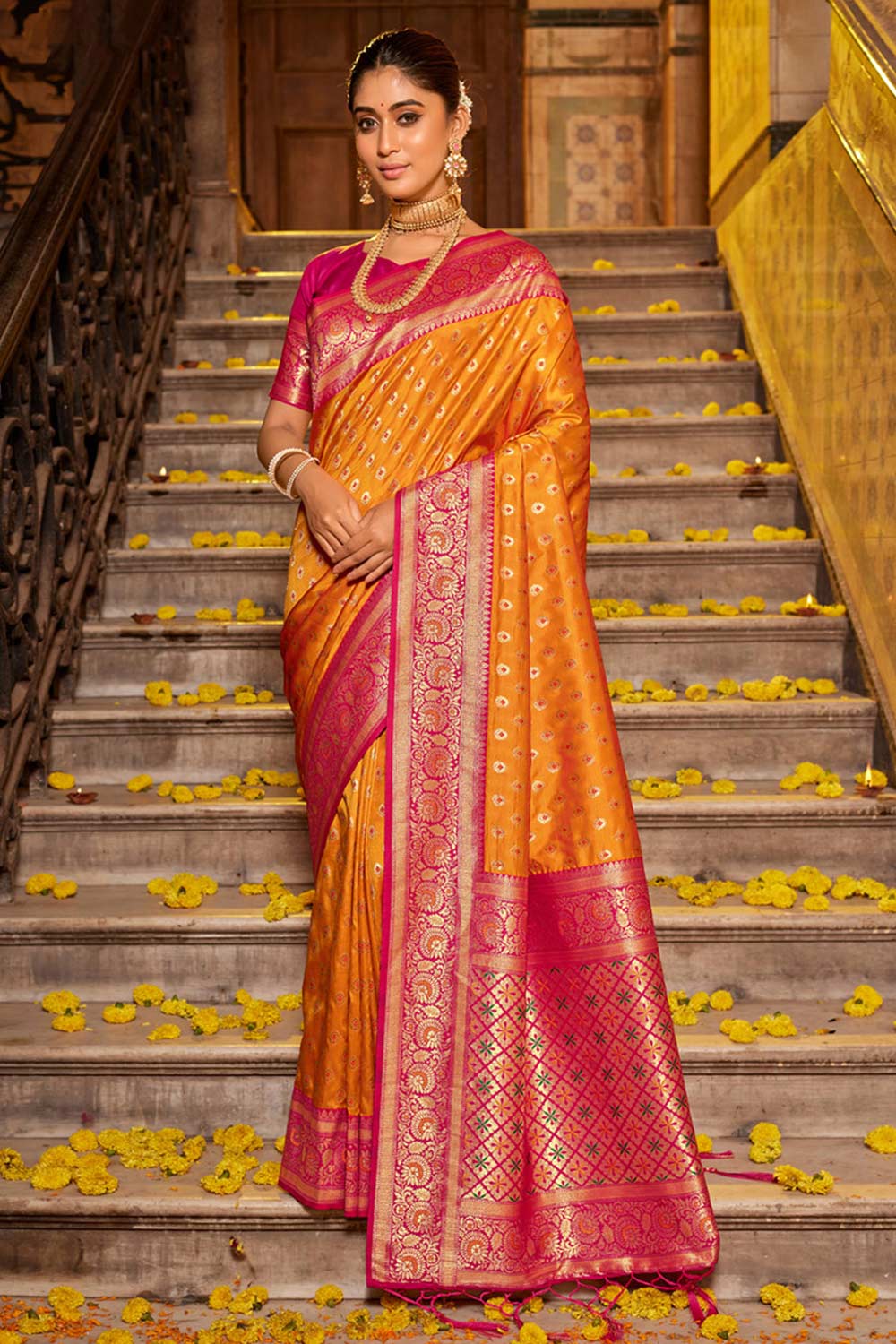 Yellow Banarasi Silk Woven Saree