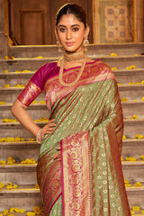 Olive Banarasi Silk Woven Saree