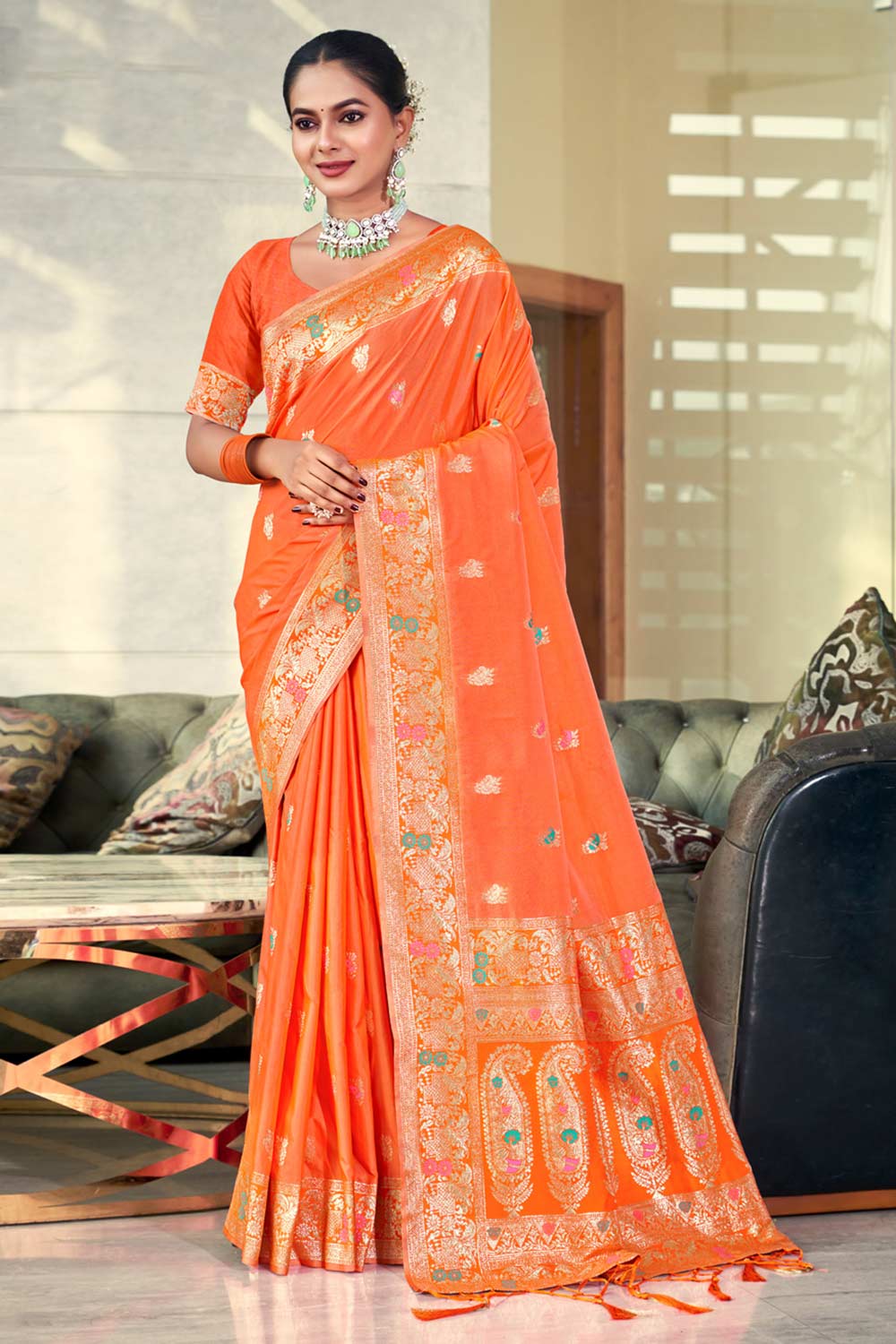 Orange Silk Woven Saree