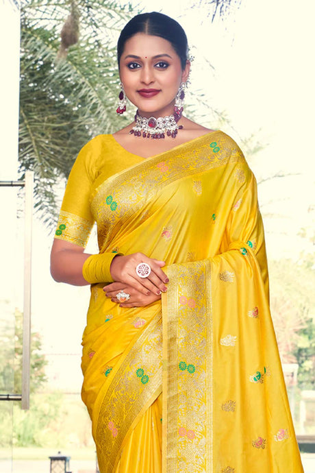 Yellow Silk Woven Saree