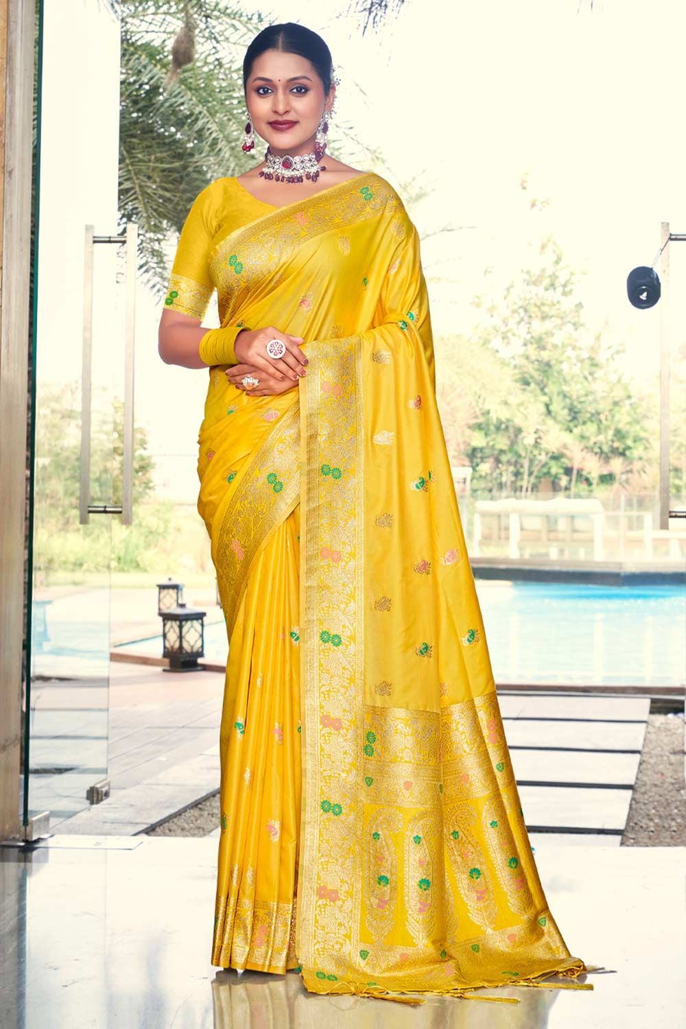 Yellow Silk Woven Saree