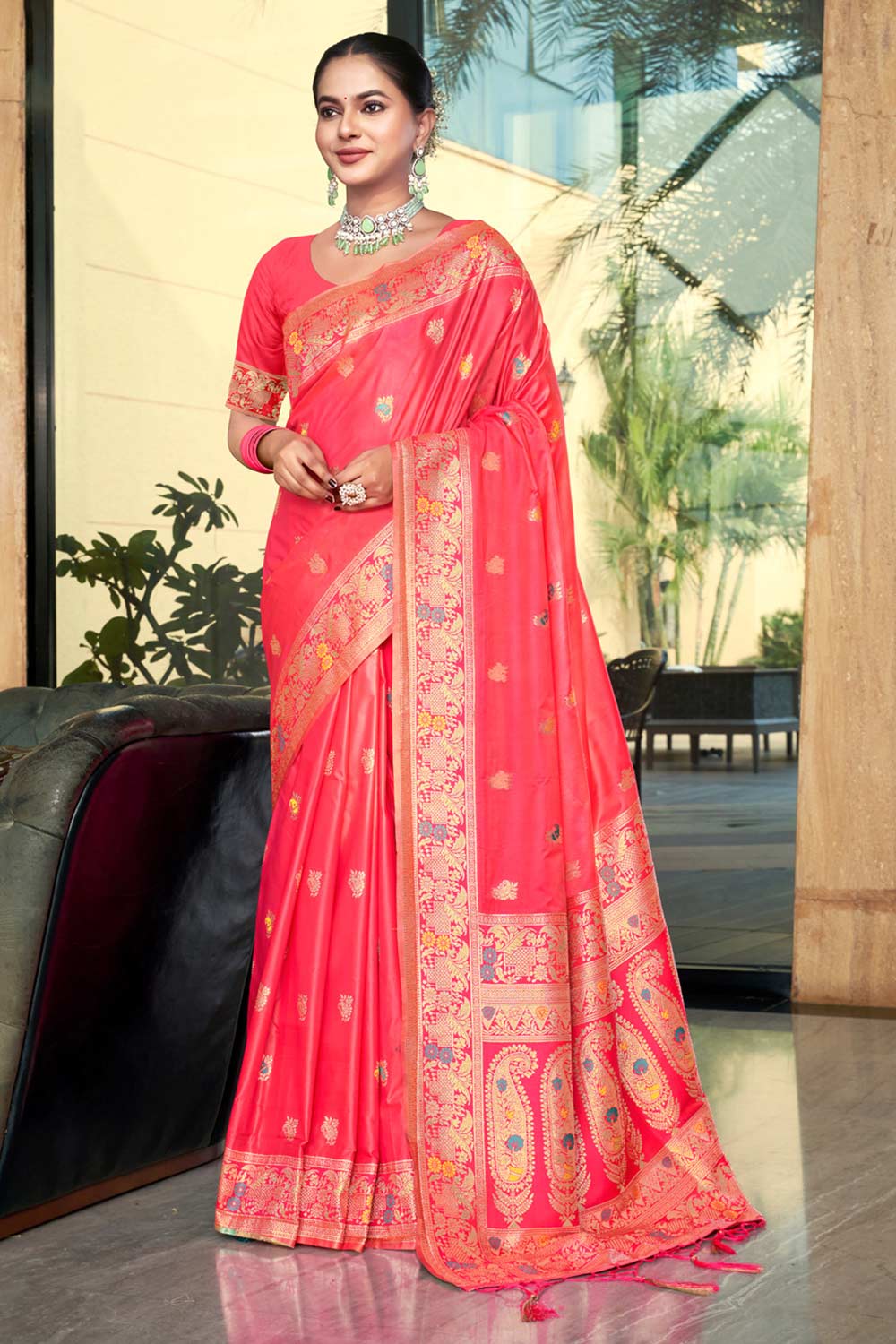 Peach Silk Woven Saree