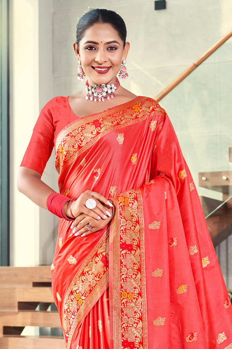 Peach Silk Woven Saree