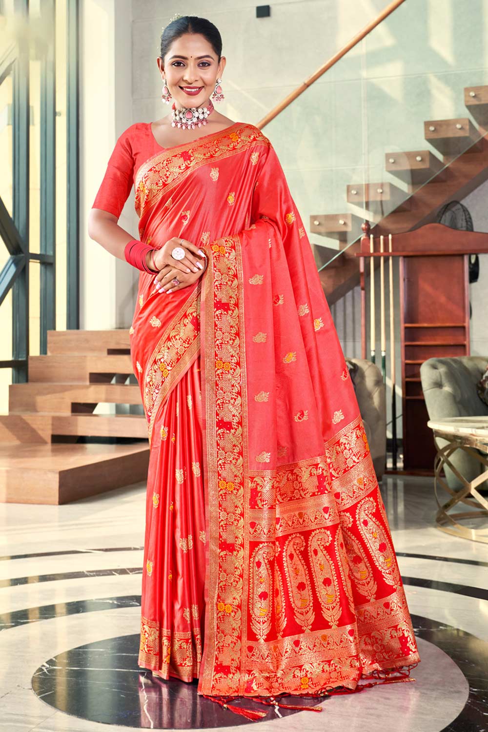 Peach Silk Woven Saree