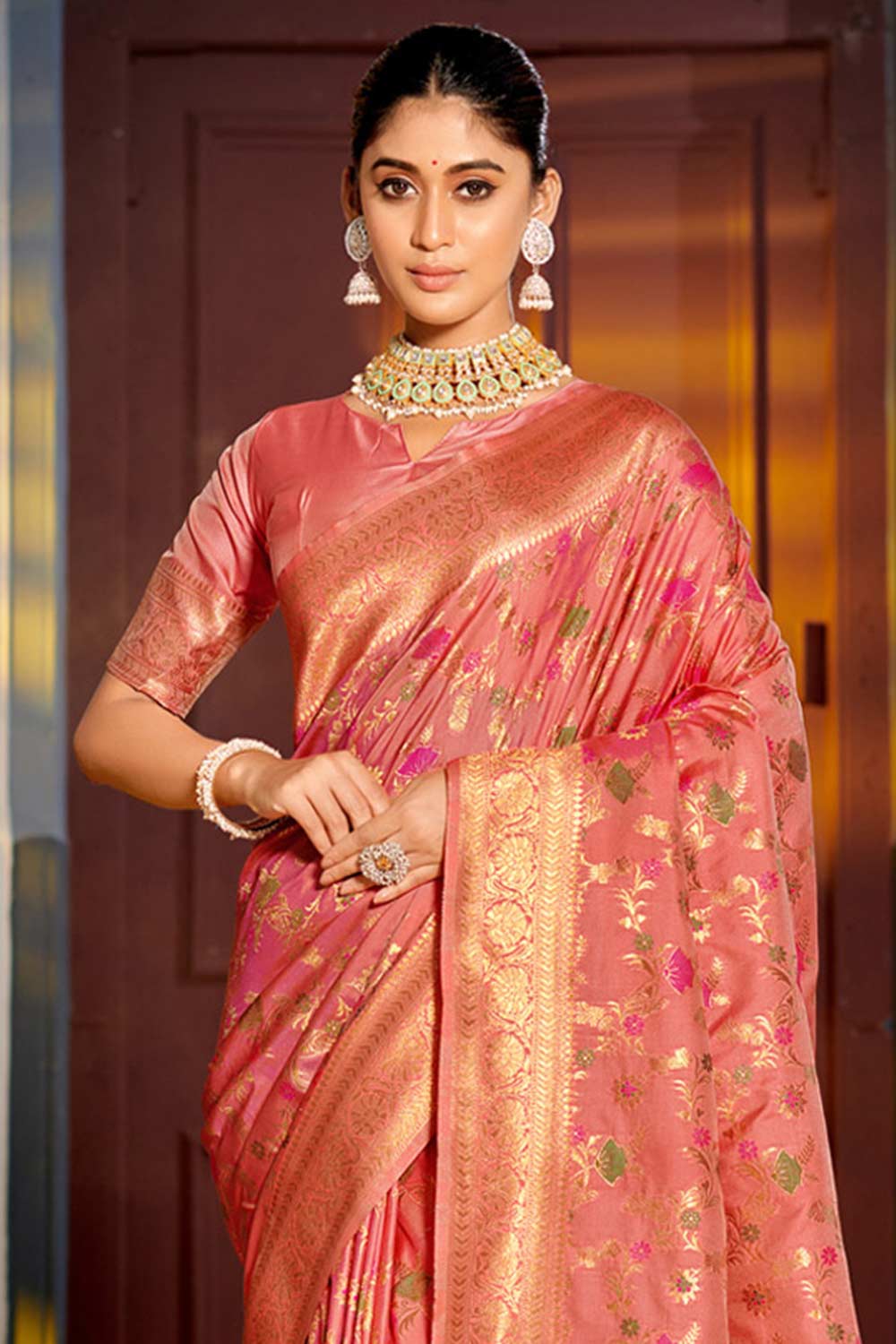 Peach Banarasi Silk Woven Saree