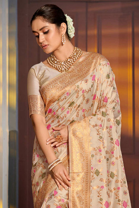 Beige Banarasi Silk Woven Saree