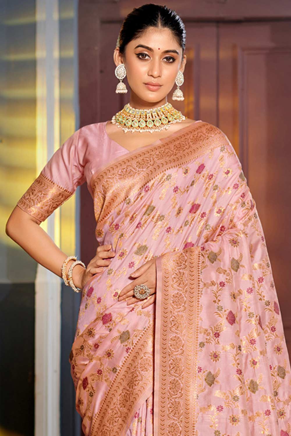 Pink Banarasi Silk Woven Saree