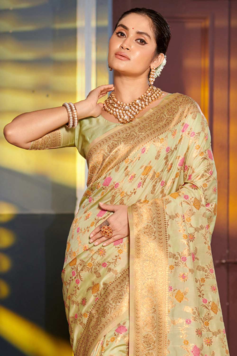 Beige Banarasi Silk Woven Saree