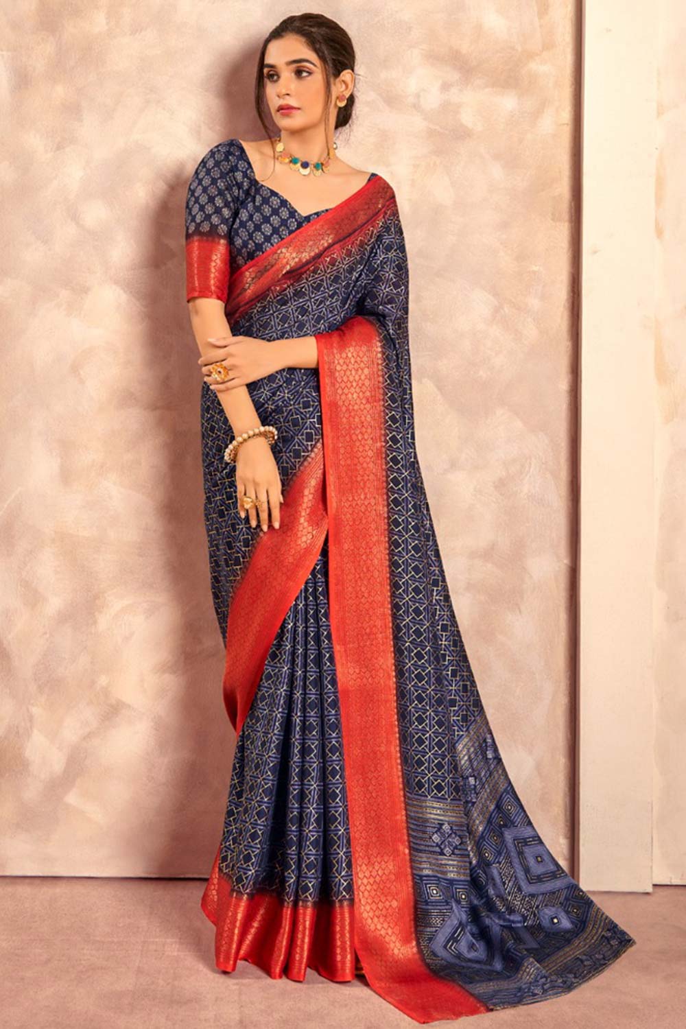 Blue Printed Silk Saree