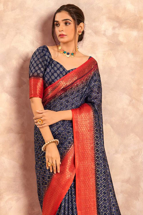 Blue Printed Silk Saree