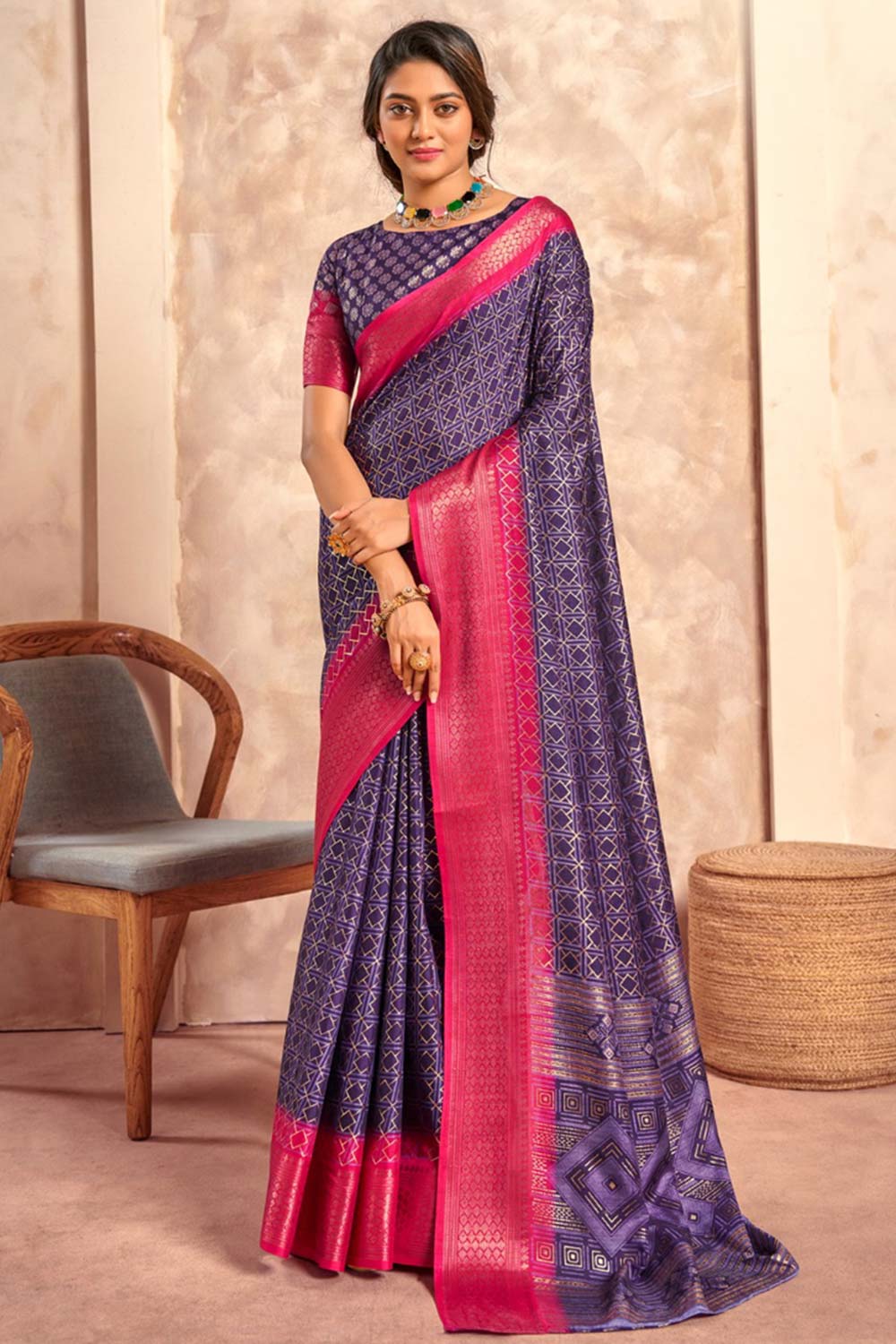 Violet Printed Silk Saree