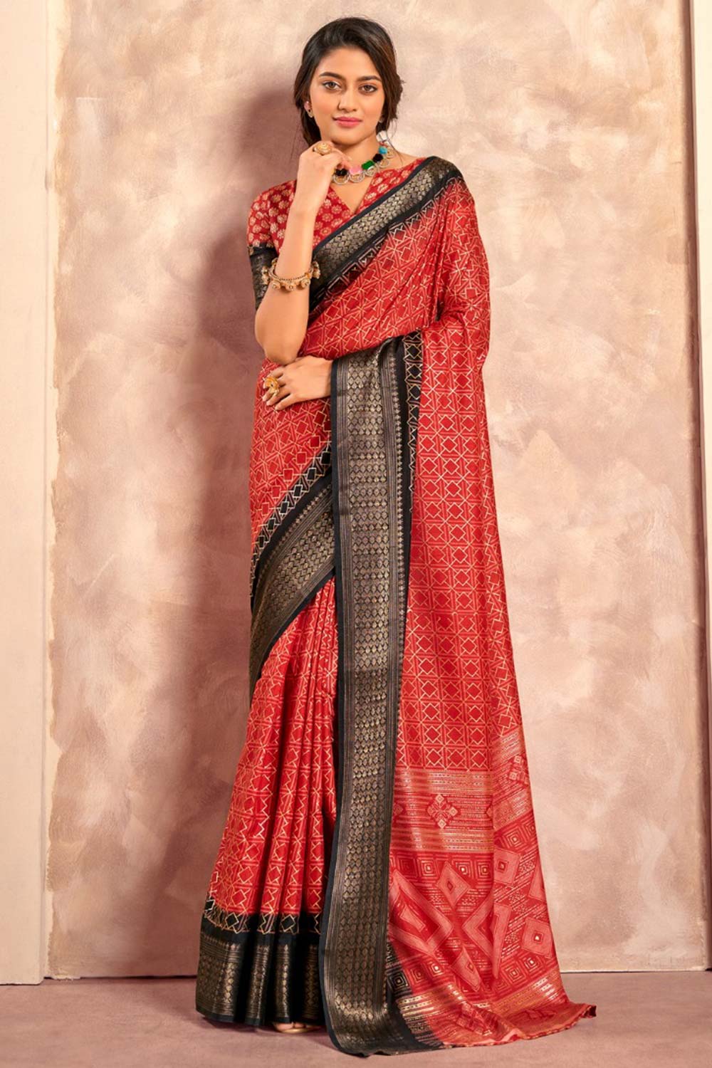 Red Printed Silk Saree