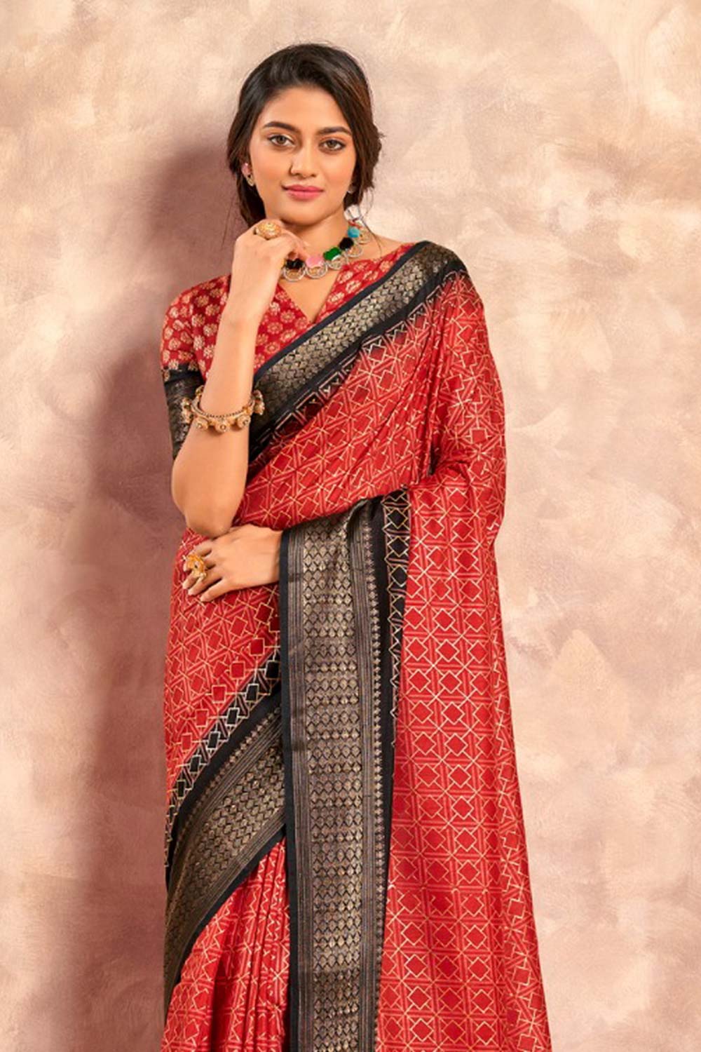 Red Printed Silk Saree