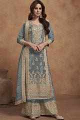 Grey Silk Embroidered Full Sleeve V Neck Pakistani Salwar Kameez