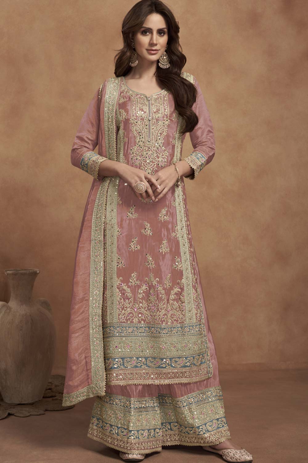 Peach Silk Embroidered Full Sleeve V Neck Pakistani Salwar Kameez