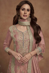 Peach Silk Embroidered Full Sleeve V Neck Pakistani Salwar Kameez