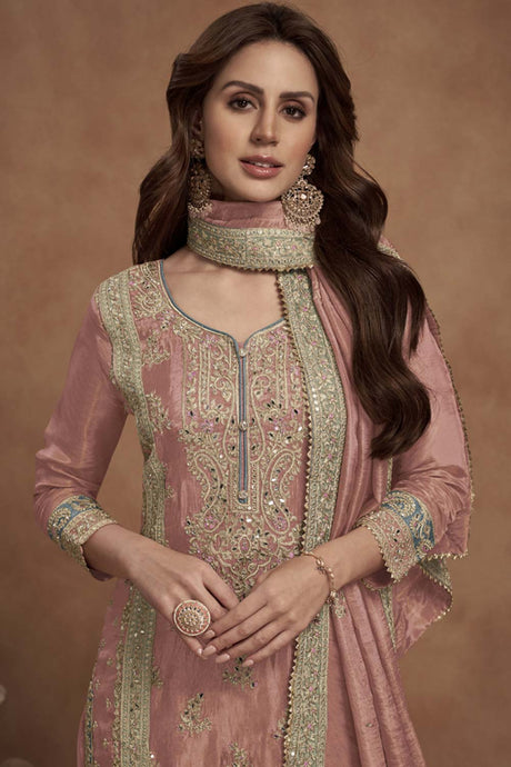 Peach Silk Embroidered Full Sleeve V Neck Pakistani Salwar Kameez