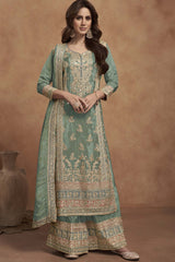 Light-Green Silk Embroidered Full Sleeve V Neck Pakistani Salwar Kameez