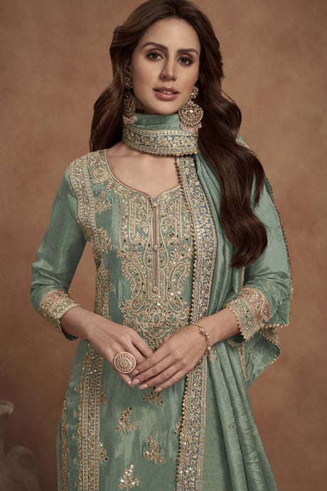 Light-Green Silk Embroidered Full Sleeve V Neck Pakistani Salwar Kameez