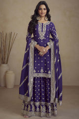 Blue Silk Embroidered Full Sleeve Round Neck Pakistani Salwar Kameez