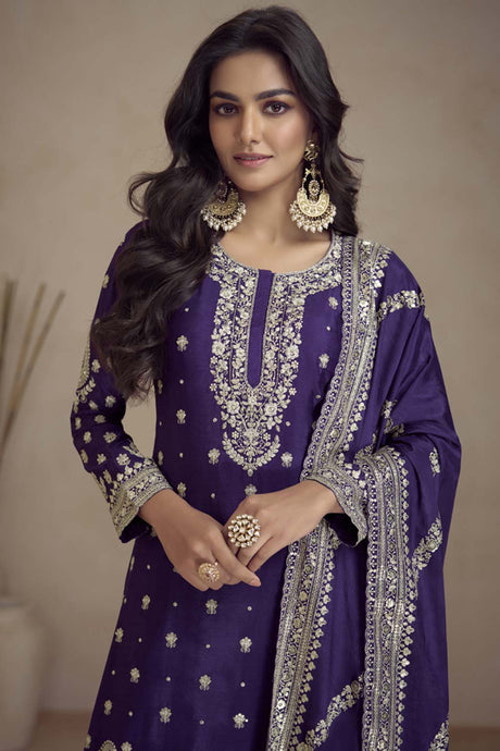 Blue Silk Embroidered Full Sleeve Round Neck Pakistani Salwar Kameez