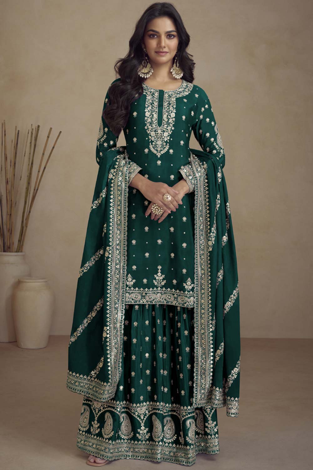 Green Silk Embroidered Full Sleeve Round Neck Pakistani Salwar Kameez