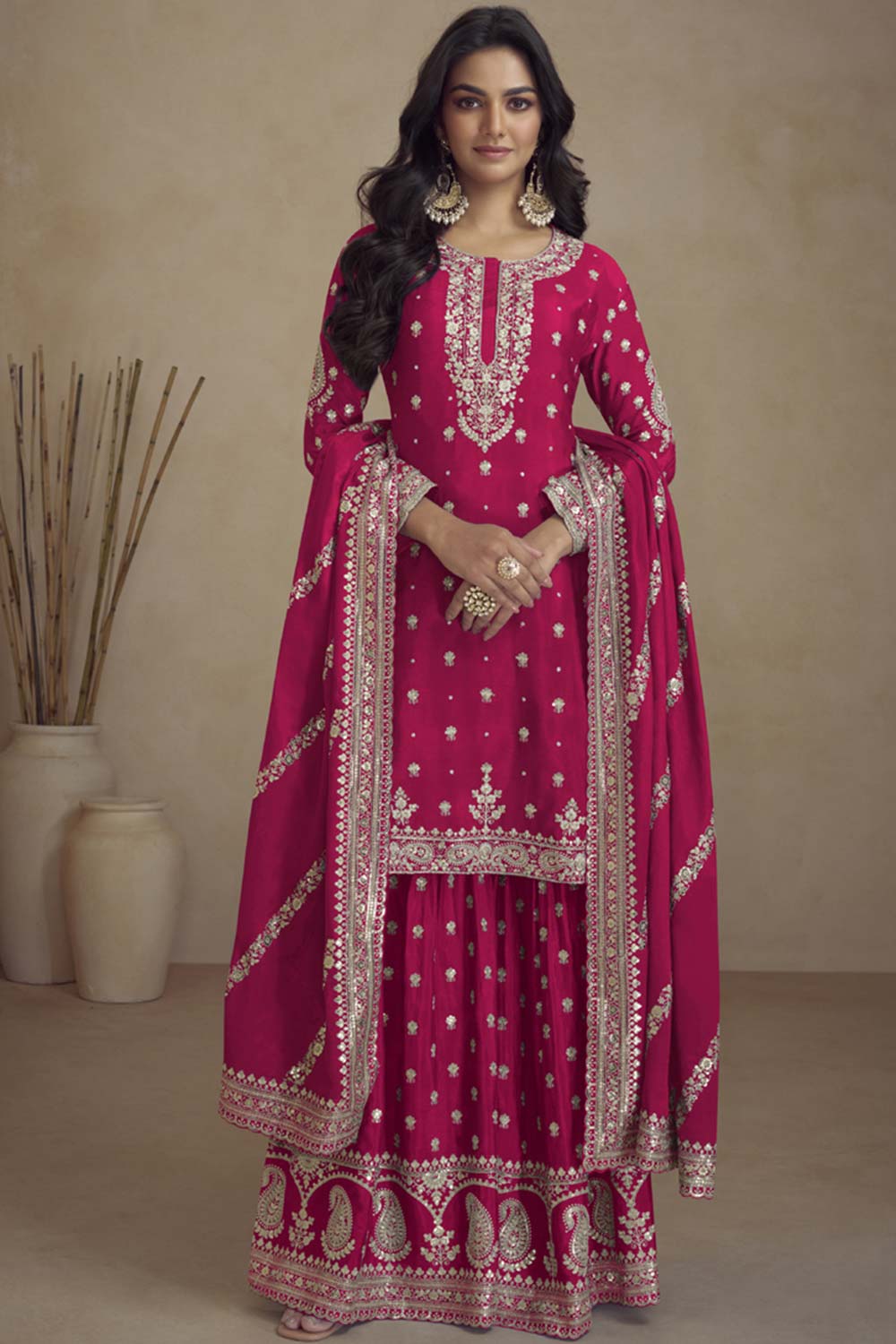 Pink Silk Embroidered Full Sleeve Round Neck Pakistani Salwar Kameez