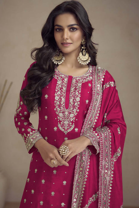 Pink Silk Embroidered Full Sleeve Round Neck Pakistani Salwar Kameez